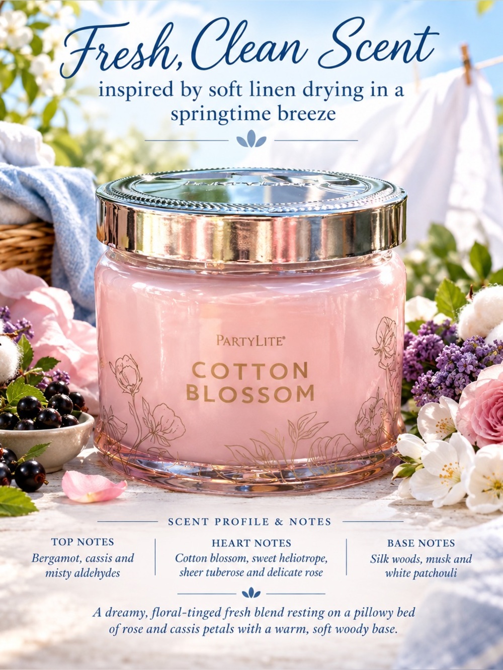 Partylite Cotton Blossom 3-wick Jar Candle Fresh